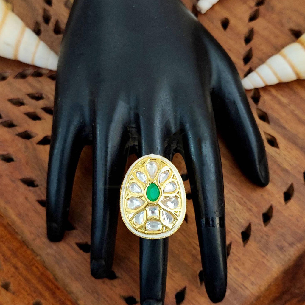 Elegant teardrop Kundan finger ring with multi-colored stones and high gold finish