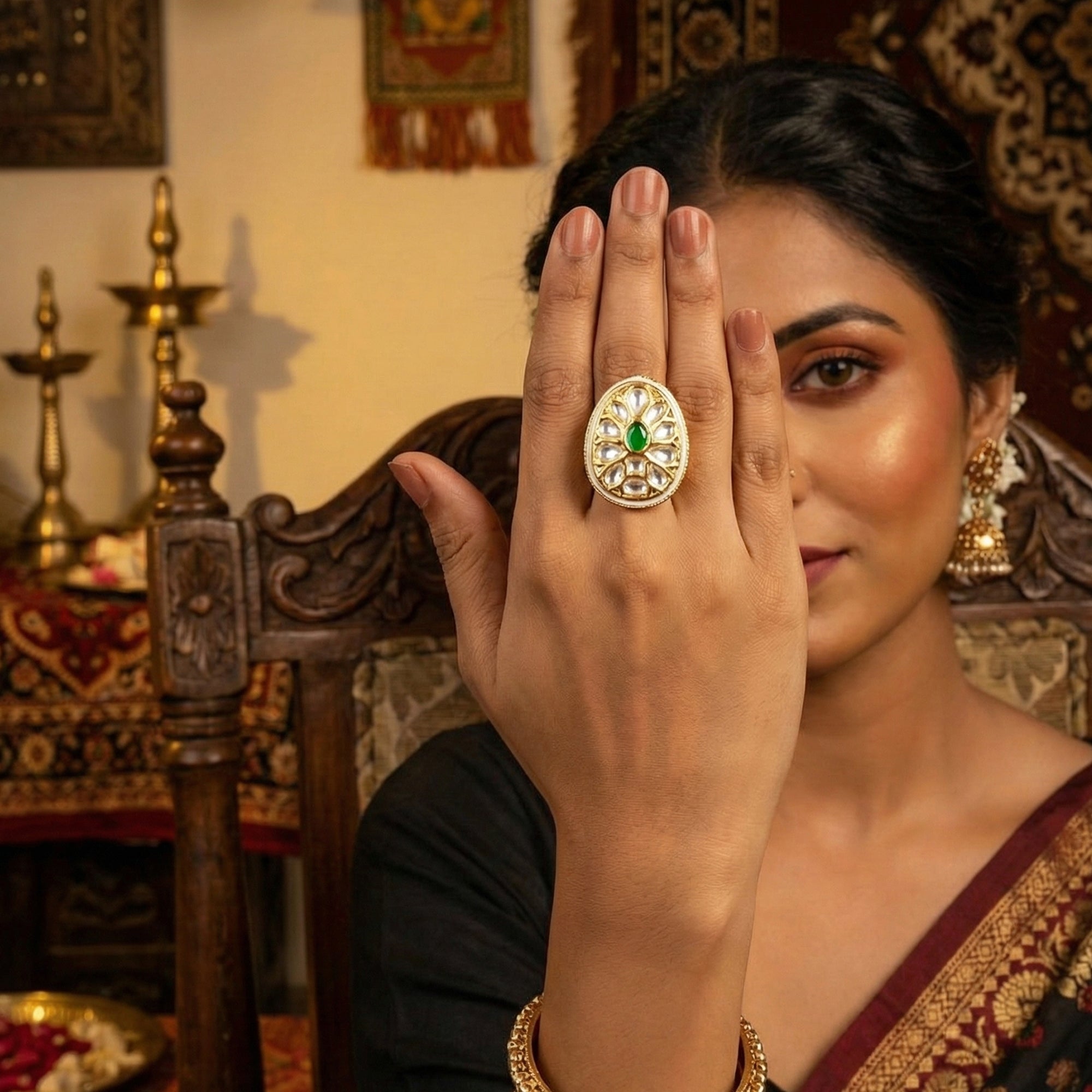 Teardrop Kundan Adjustable Finger Ring with Multi-Stone High Gold