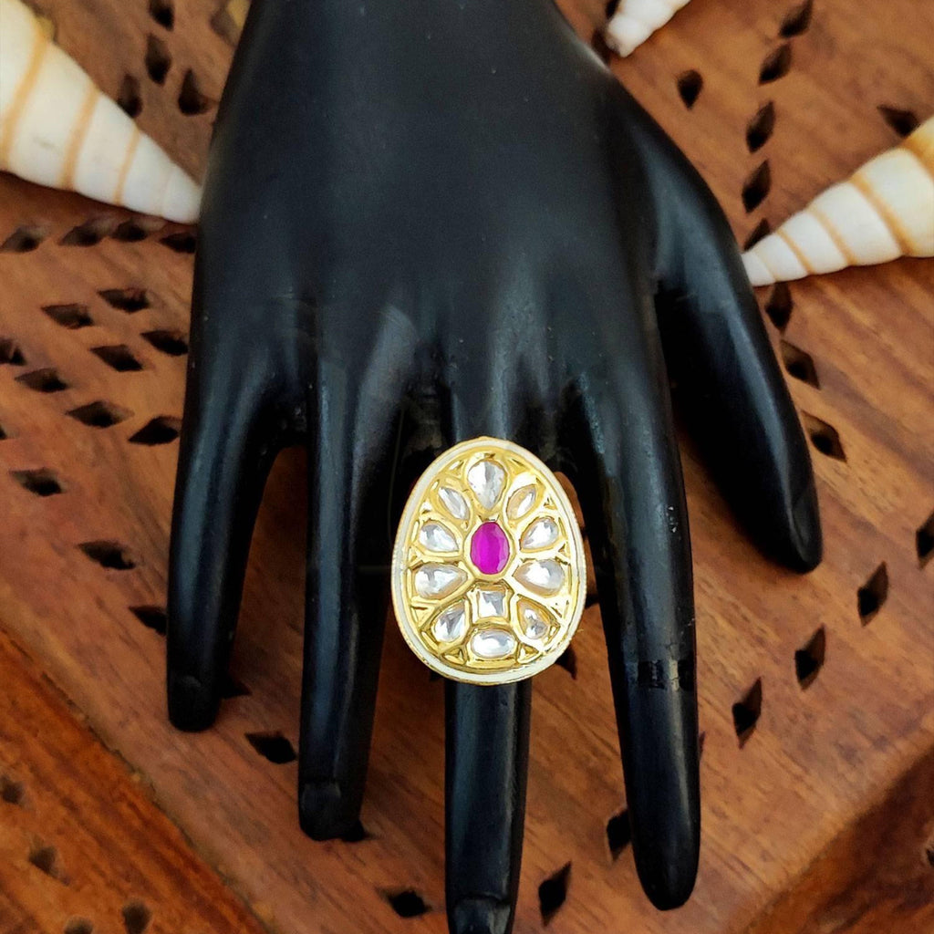 Elegant teardrop Kundan finger ring with multi-colored stones and high gold finish