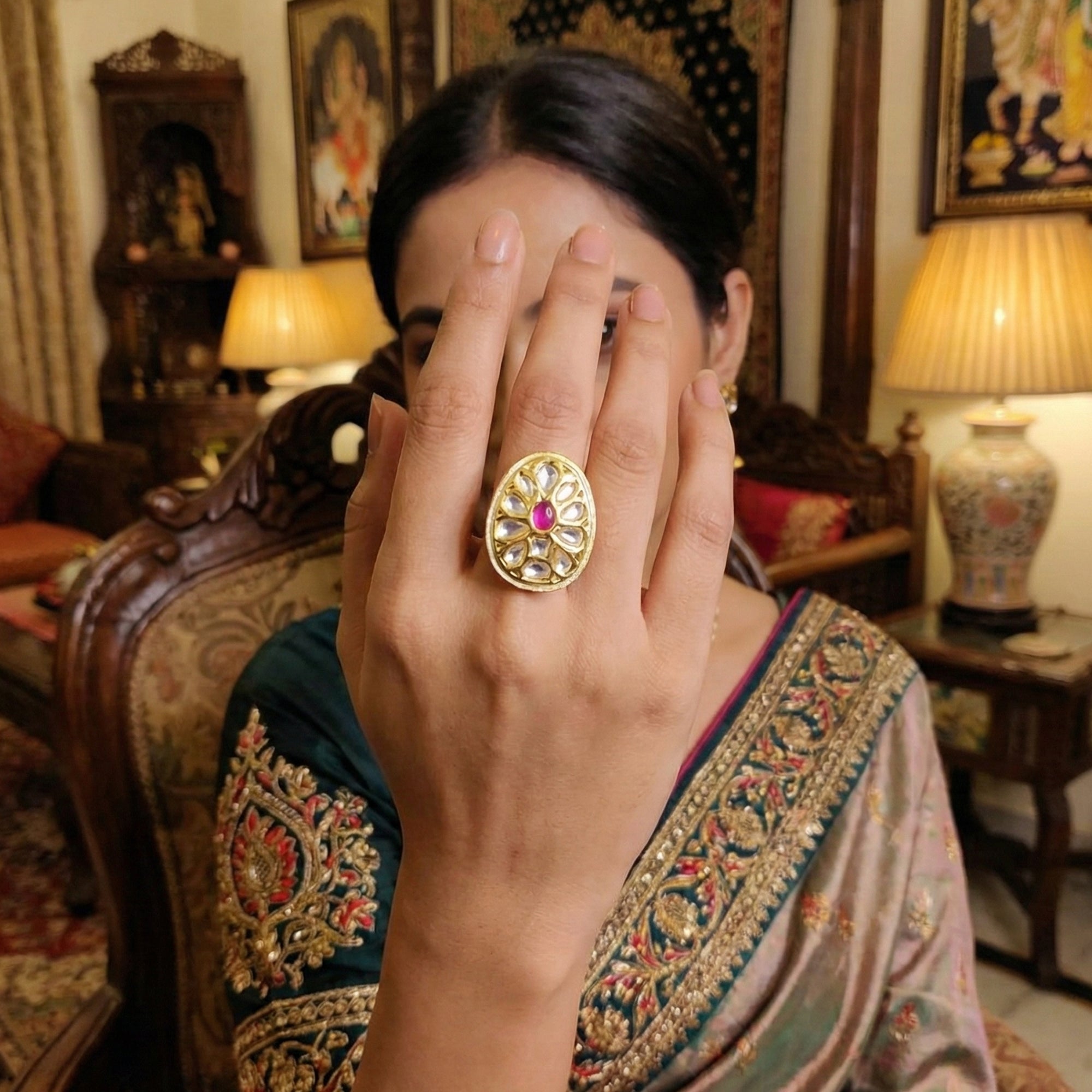 Teardrop Kundan Adjustable Finger Ring with Multi-Stone High Gold