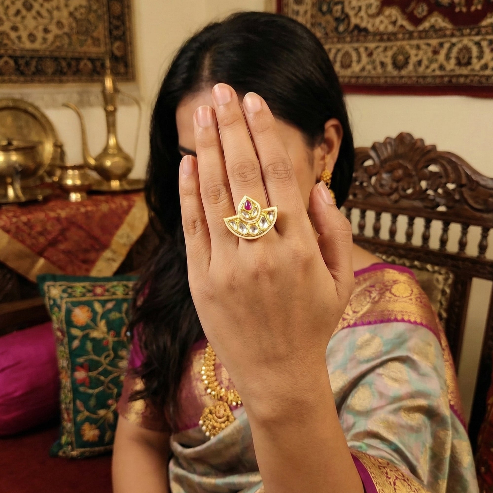 Kundan Design High Gold Polish Adjustable Ring for Women