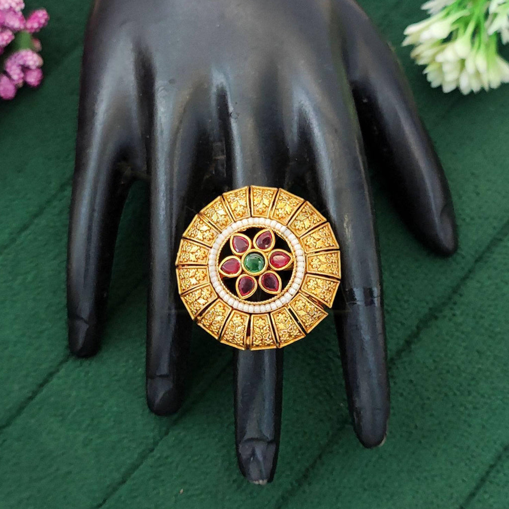 Antique style gold-plated statement ring with intricate traditional design