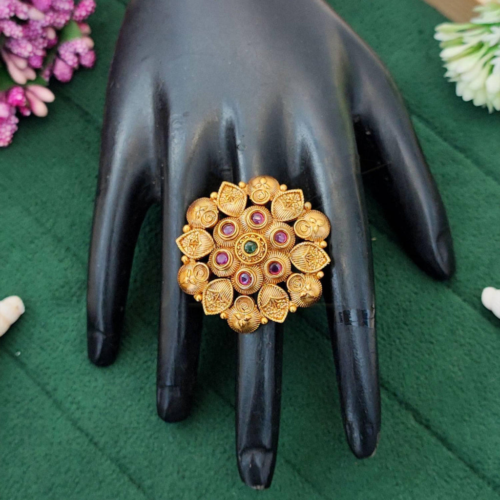 High gold polish adjustable finger ring with vibrant multicolored stones for wedding and festive wear