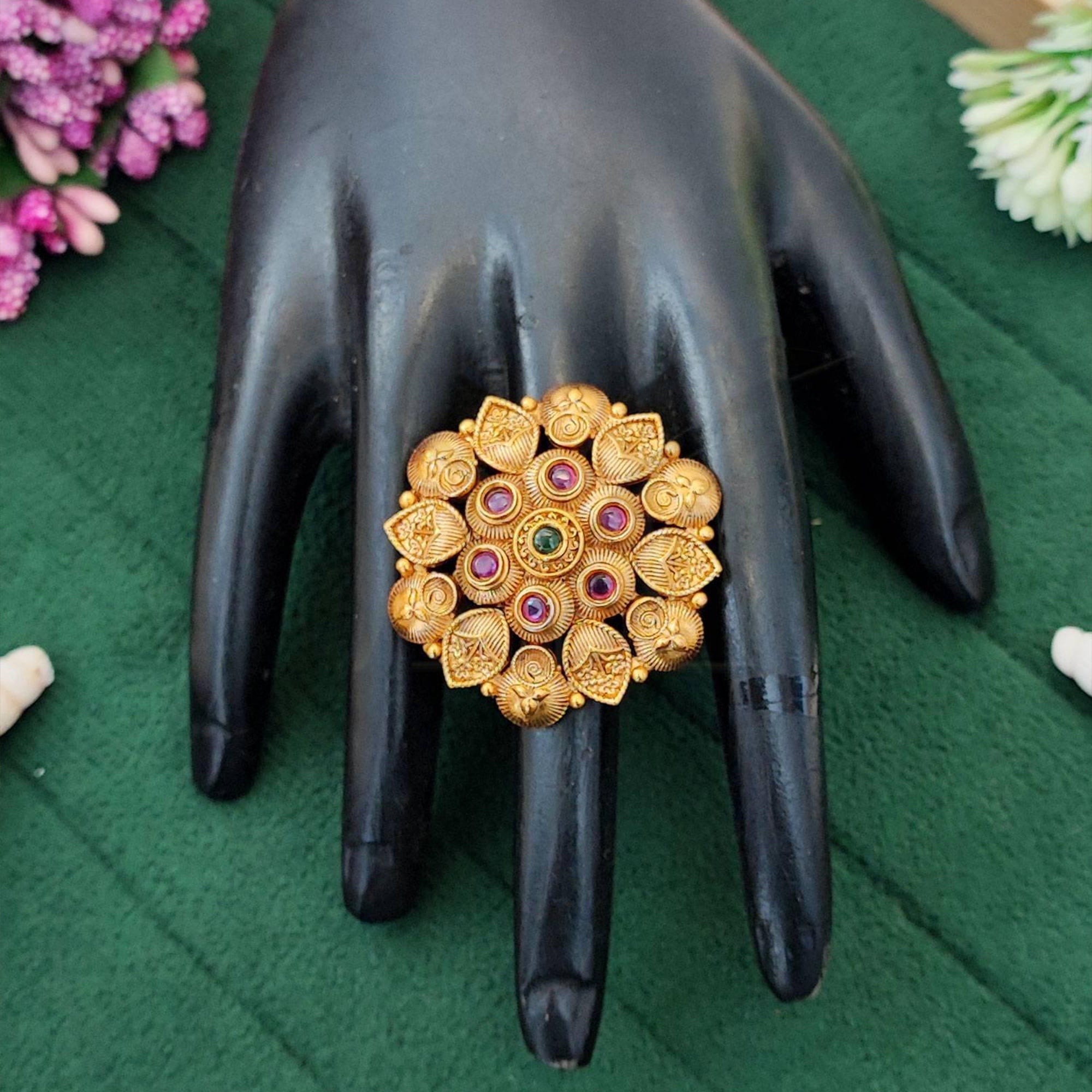 High gold polish adjustable finger ring with vibrant multicolored stones for wedding and festive wear