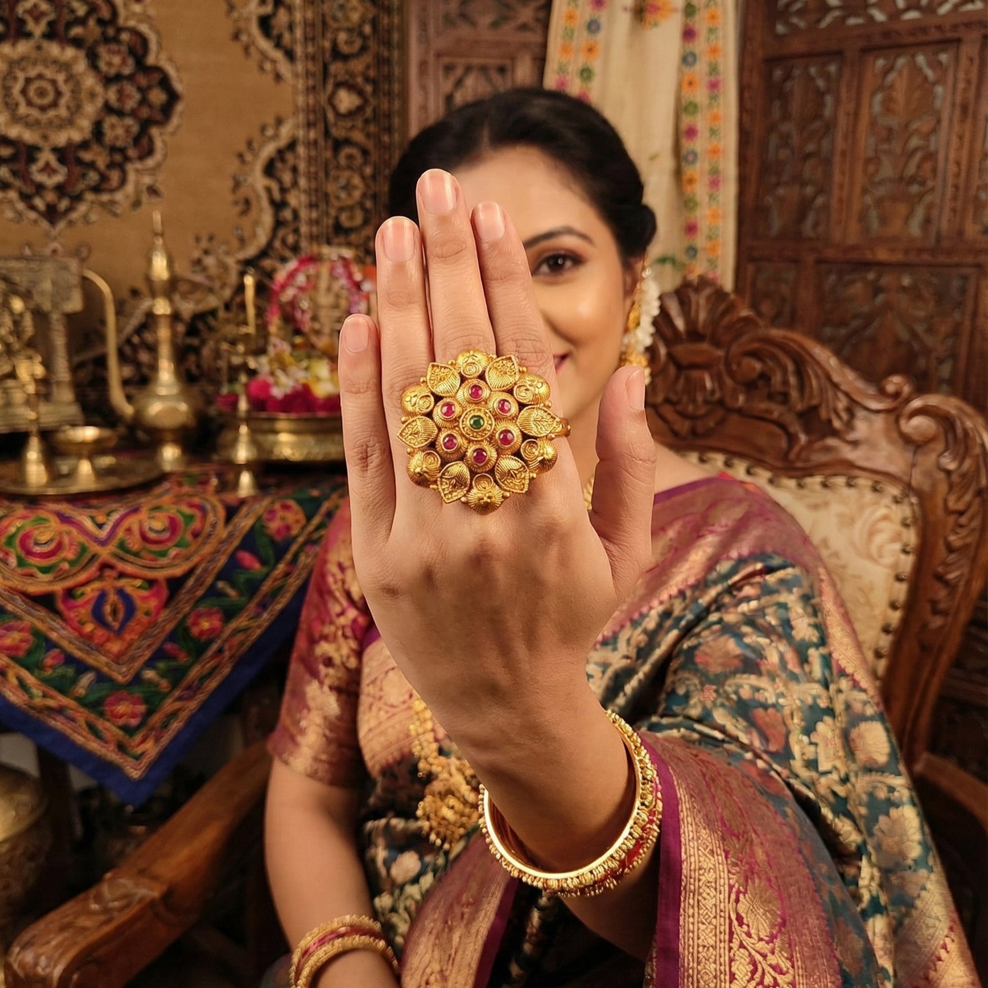 High Gold Polish Adjustable Ethnic Statement Finger Rings for Women