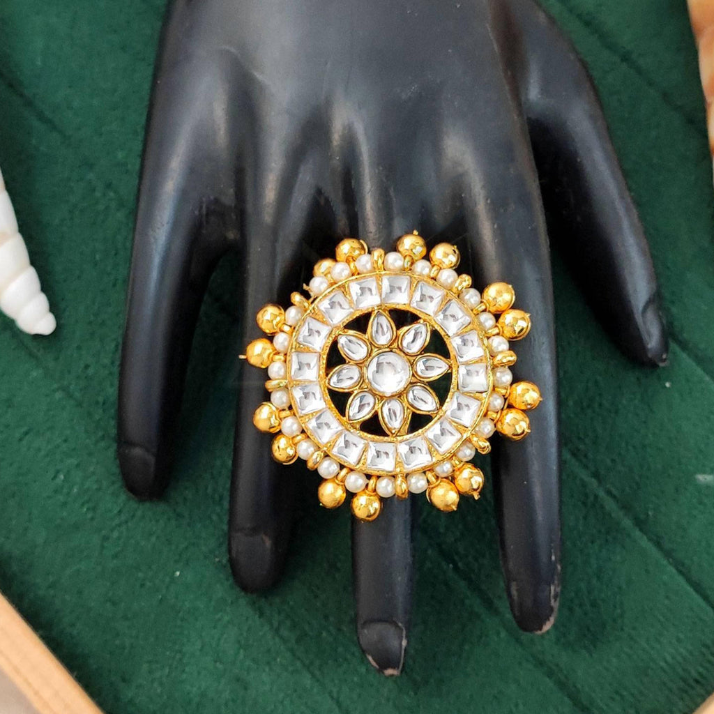 High gold polish statement ring with Kundan stones and adjustable band for bridal wear