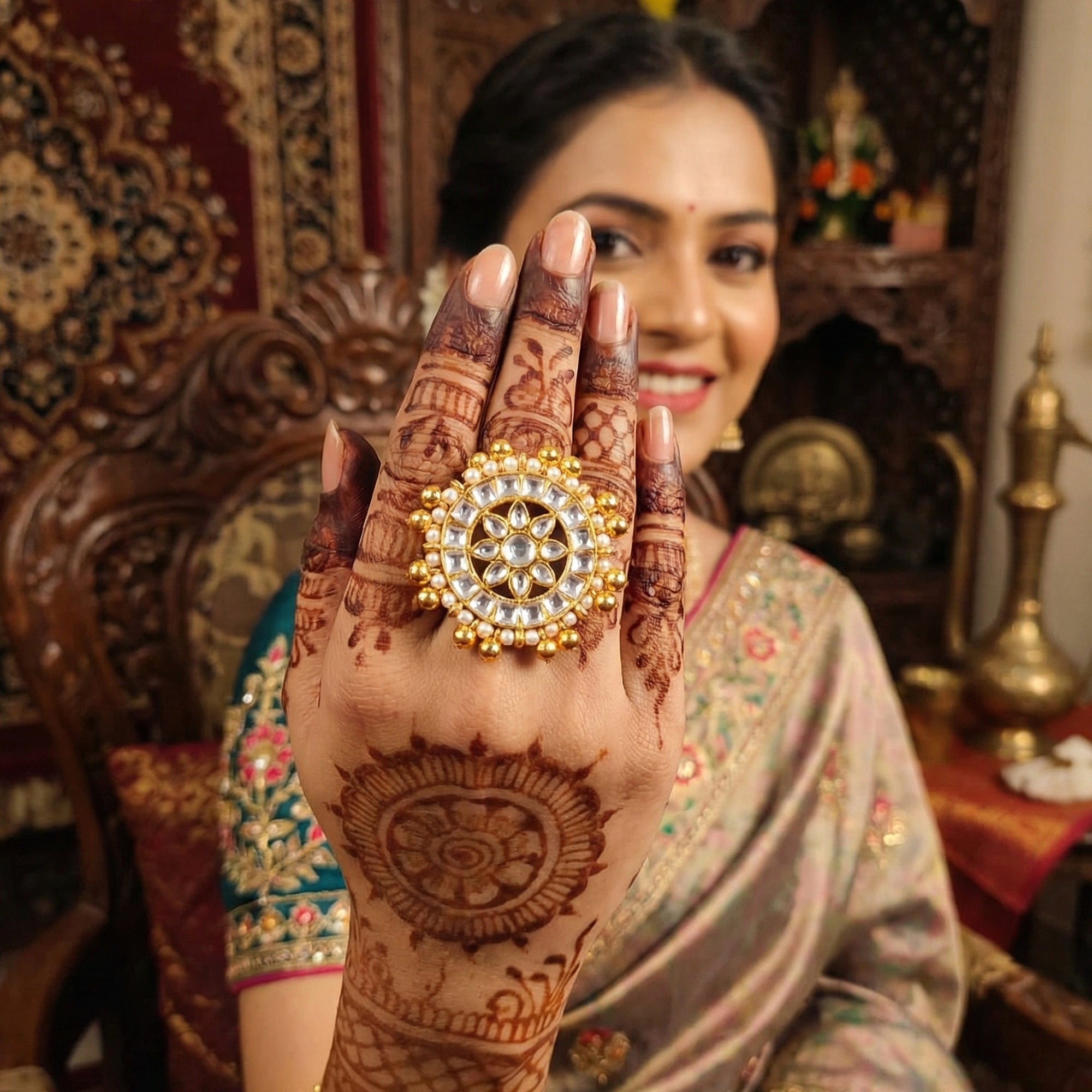 Royal Kundan Statement Ring in Gold Polish for Bridal Elegance