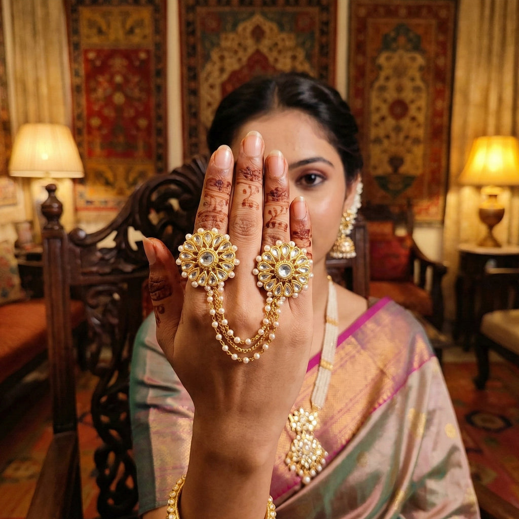 Antique pearl designer double finger ring with vintage gold finish for women