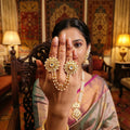 Antique pearl designer double finger ring with vintage gold finish for women