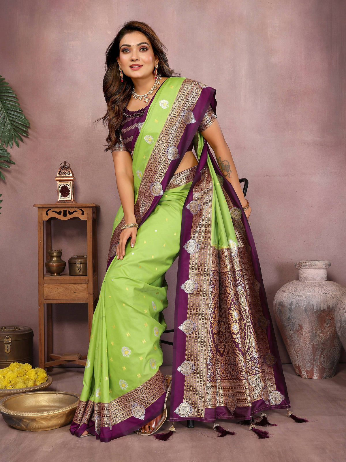 Parrot Green Silk Saree with Traditional Weaving