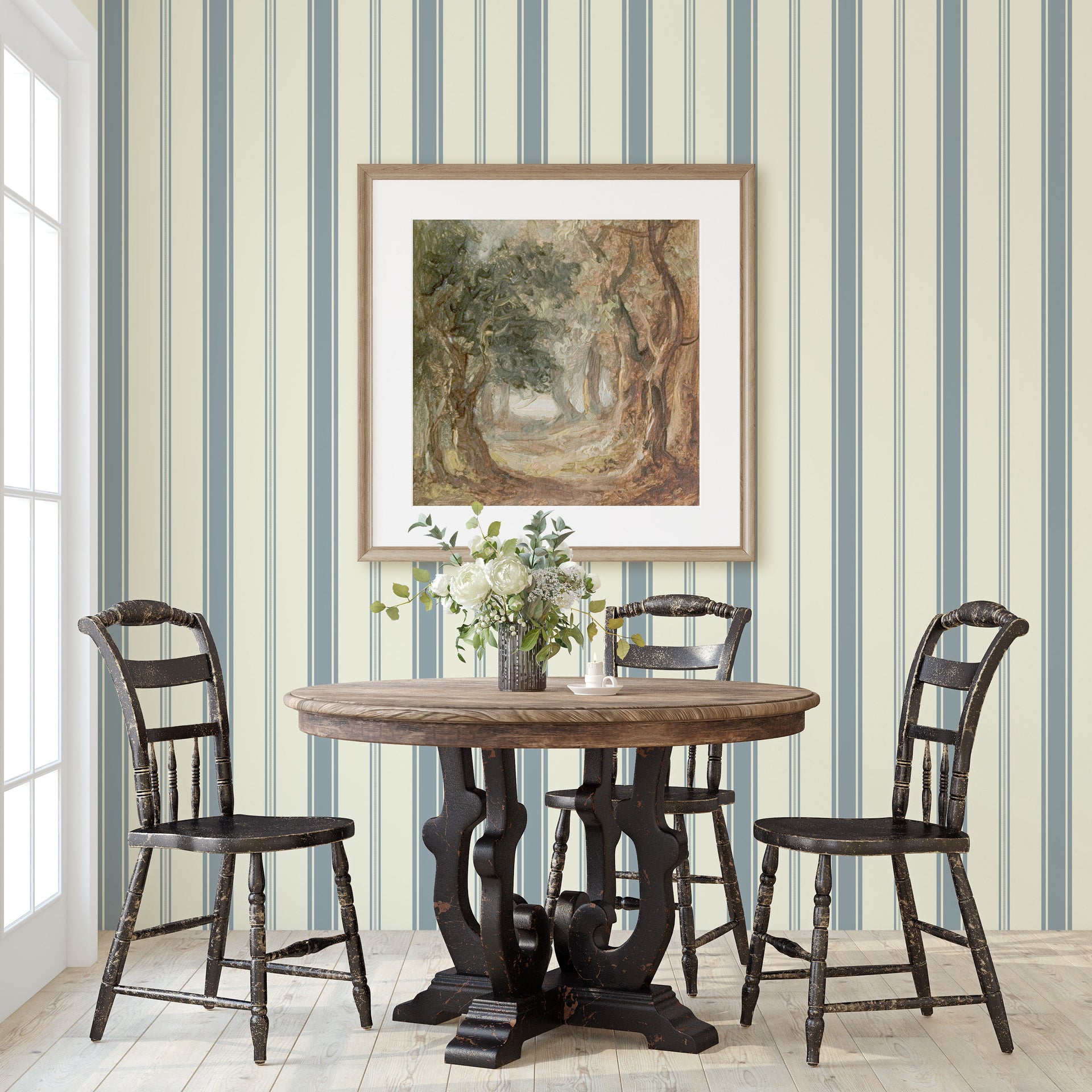 Close up of Frances striped wallpaper featuring beige, blue, green, and gold tones in a classic design.