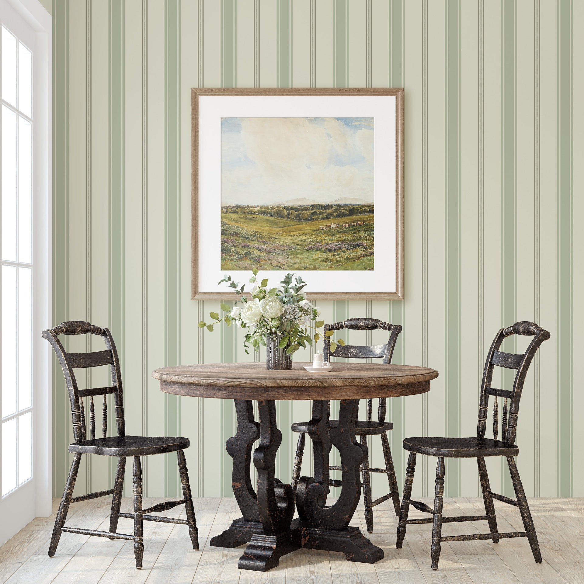 Frances Striped Wallpaper in Beige, Blue, Green and Gold