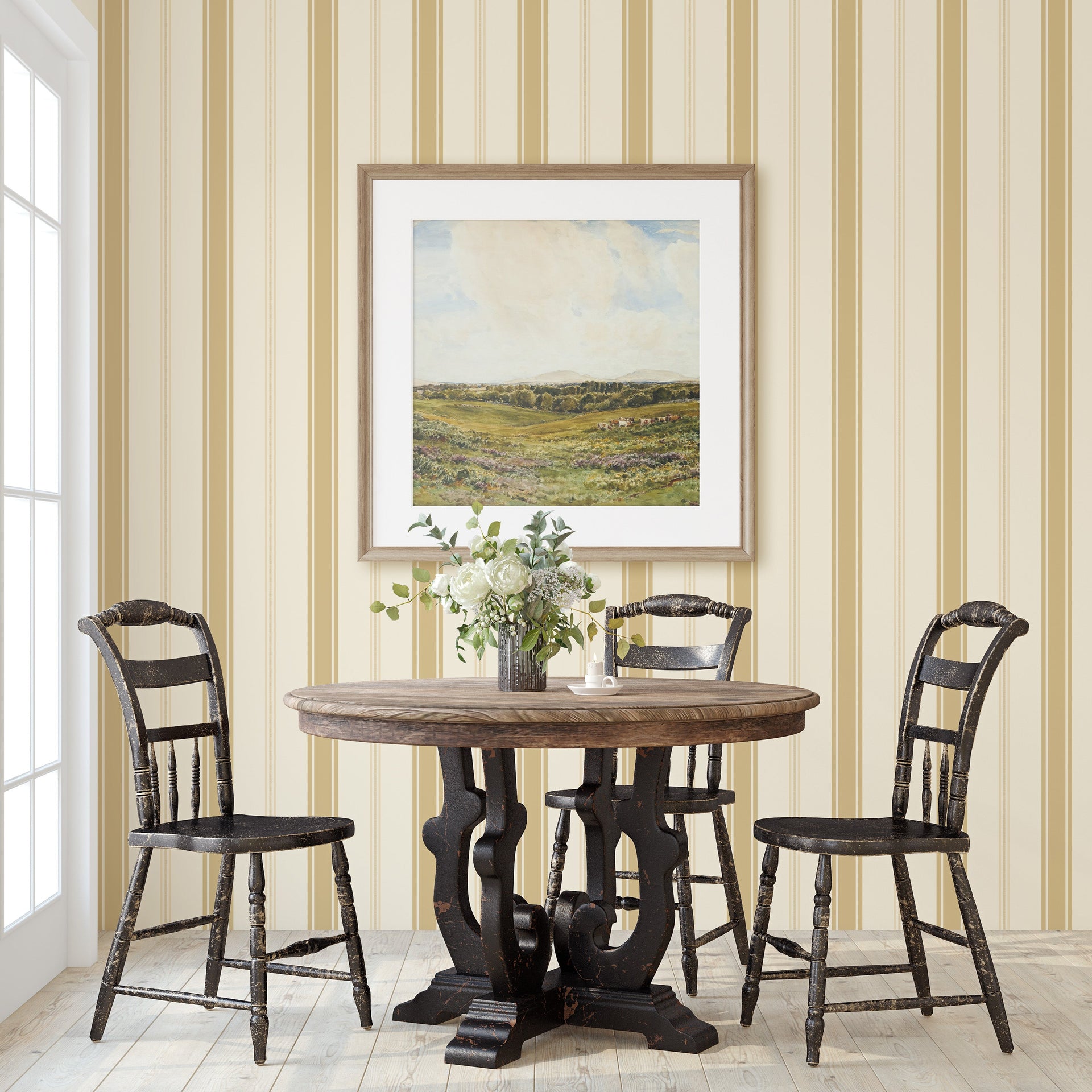 Frances Striped Wallpaper in Beige, Blue, Green and Gold