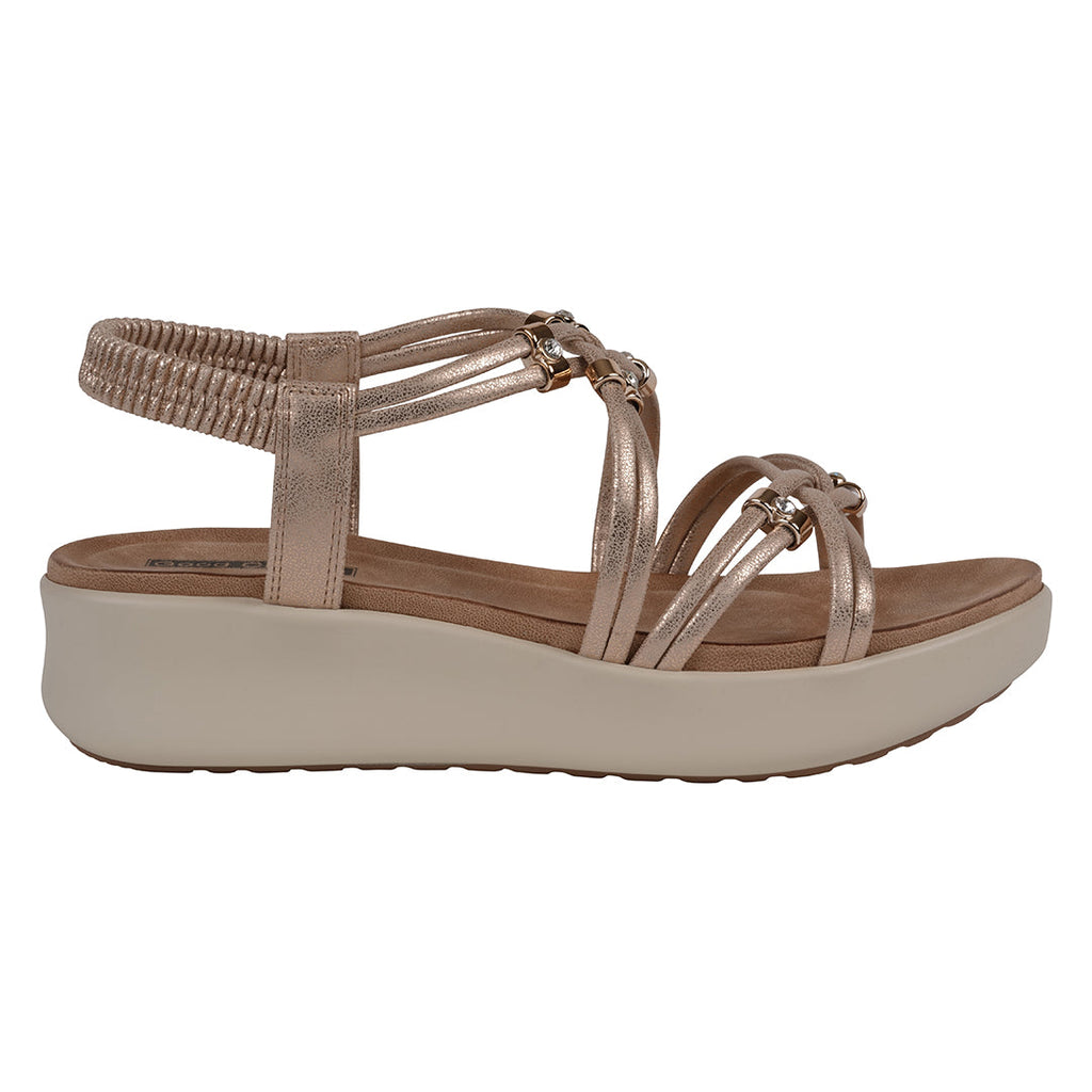 Women's Metallic Gold Strappy Wedge Sandals with Rhinestones - Image 2