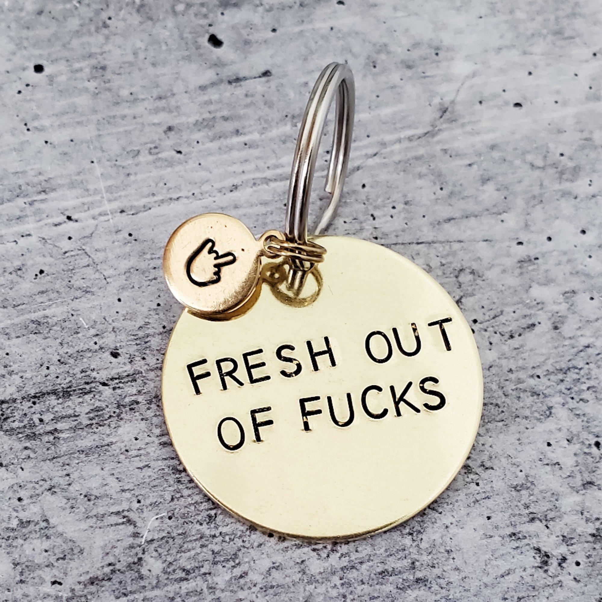 FRESH OUT of FUCKS Brass Keychain with Middle Finger Emoji