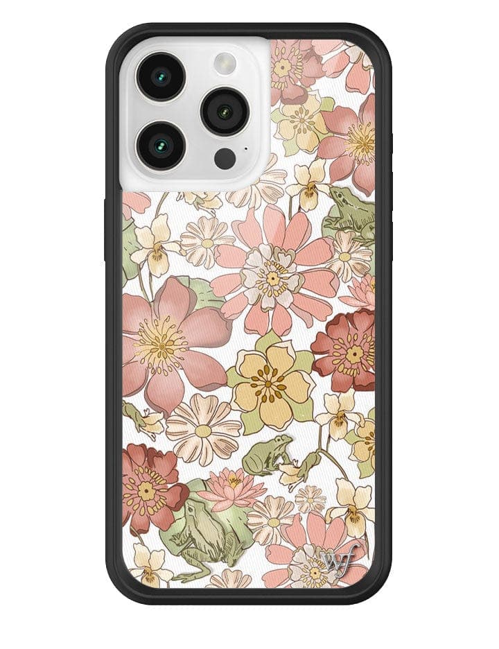Back and side view of an iPhone case with a floral pattern featuring pink flowers, yellow flowers, and small green frogs on a white background with a black bumper.