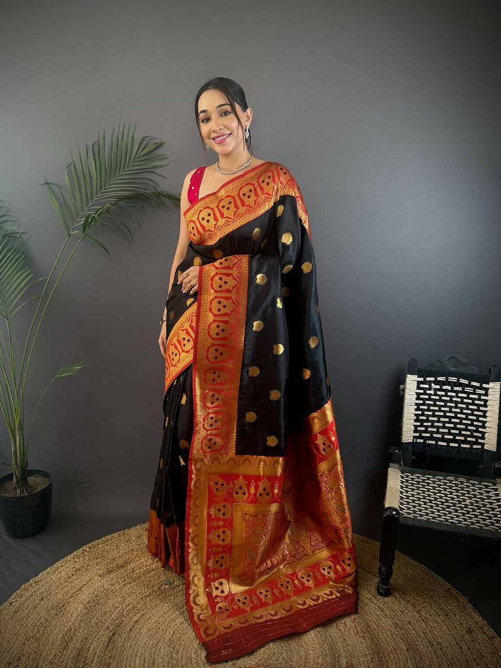 Red soft silk Banarasi saree with butti pattern and matching unstitched blouse