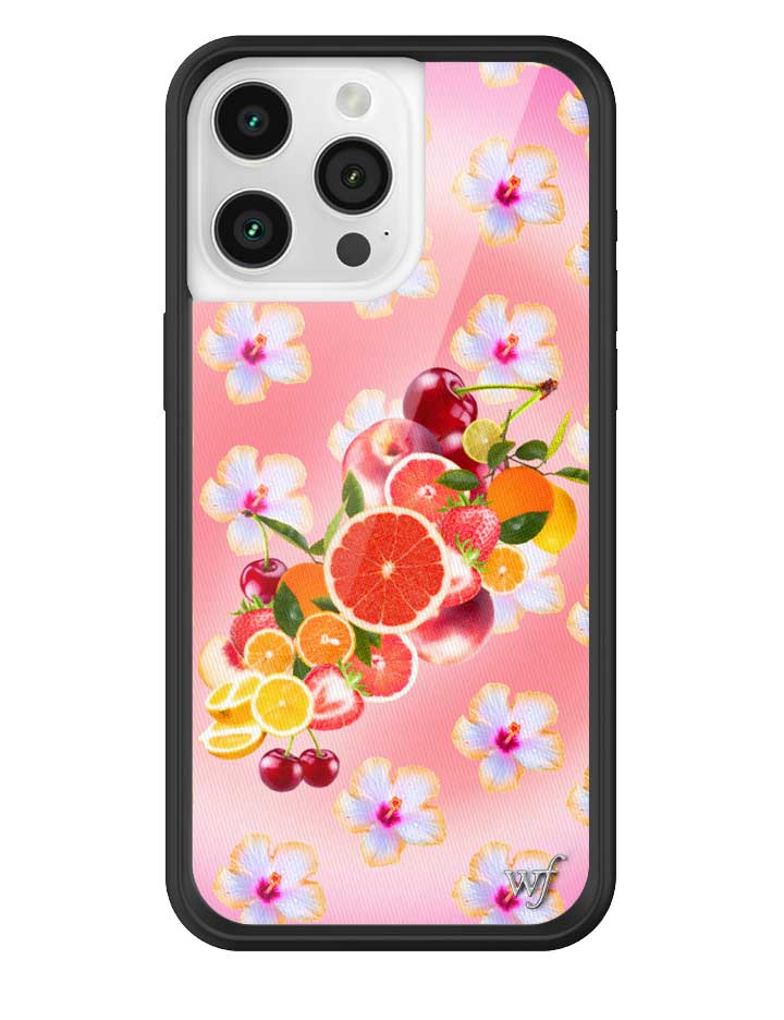 iPhone case featuring a colorful pattern of tropical fruits and flowers on a pink background with a black protective bumper.