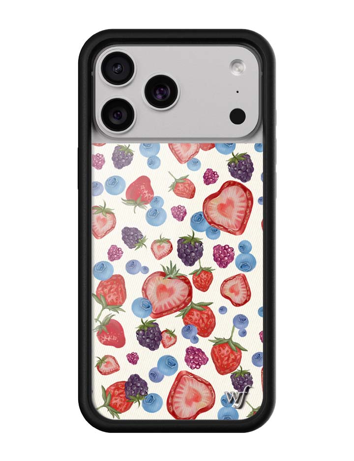 Fruit Tart iPhone case featuring heart-shaped strawberries and berries with a black bumper