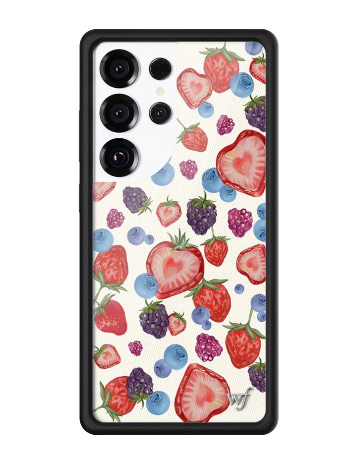 Samsung Galaxy case featuring a fruit tart pattern with heart-shaped strawberries, blueberries, and raspberries with a black bumper.