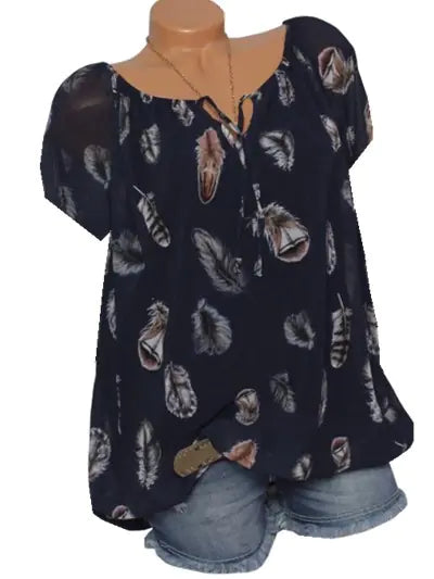Women's Loose Fit V-Neck Feather Print Blouse Casual Summer Top - Image 45