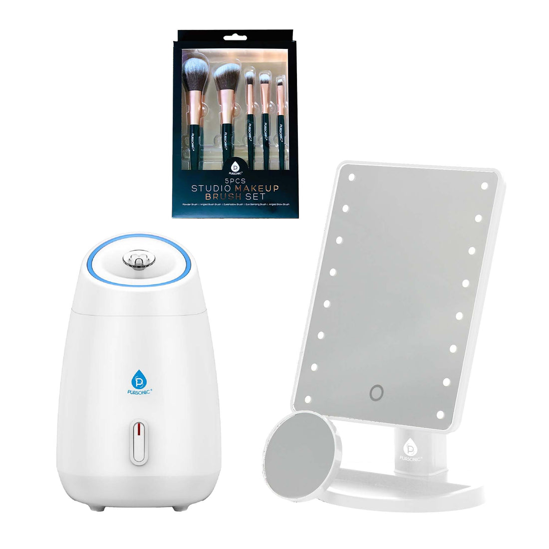 Pursonic Glow & Go Beauty Bundle with LED Vanity Mirror, Facial Steamer & 5-Piece Brush Set