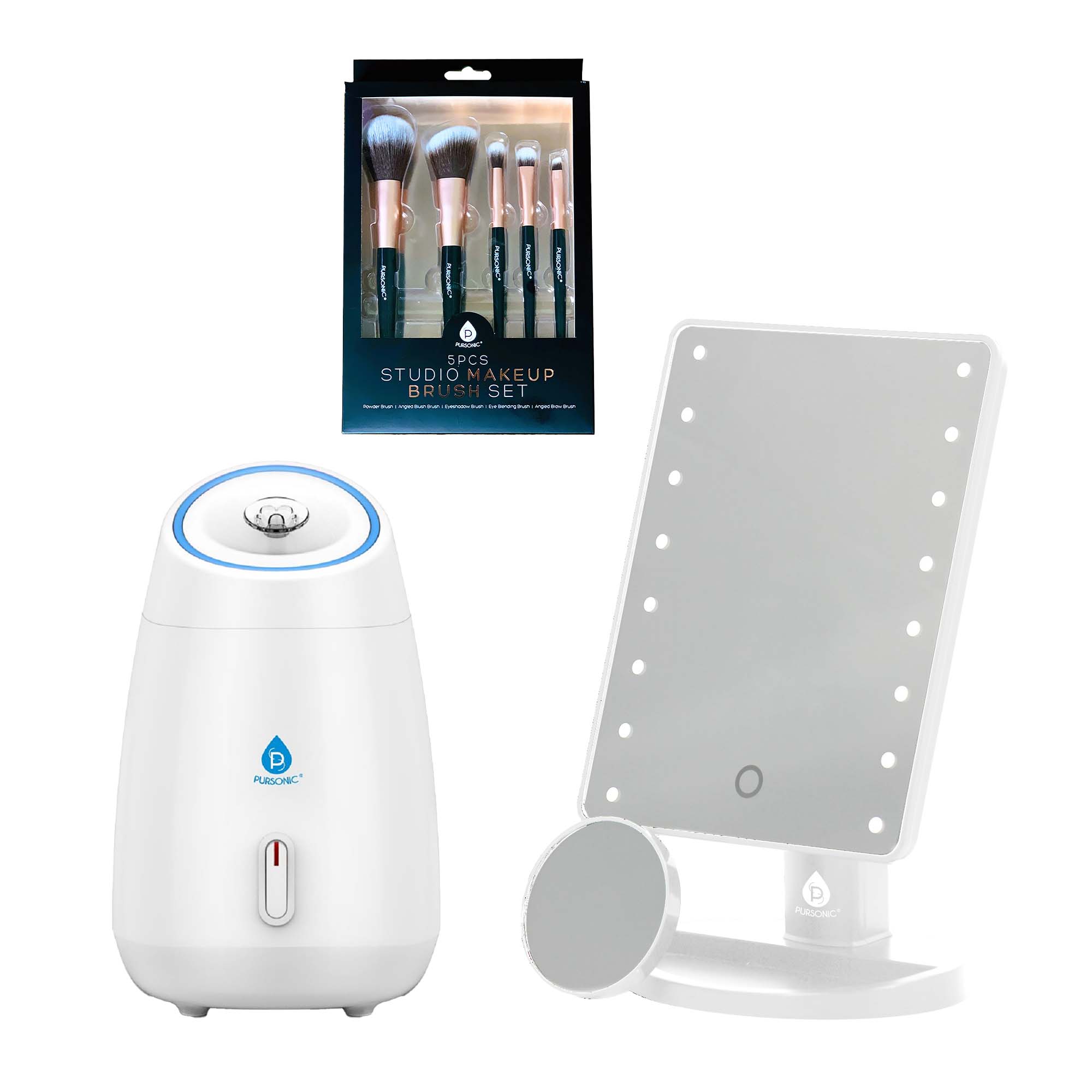 Pursonic Glow & Go Beauty Bundle with LED Vanity Mirror, Facial Steamer & 5-Piece Brush Set