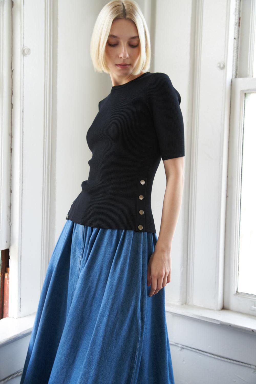 Ribbed Knit Sweater Top with Muscle Sleeves and Snap Hem - Image 2