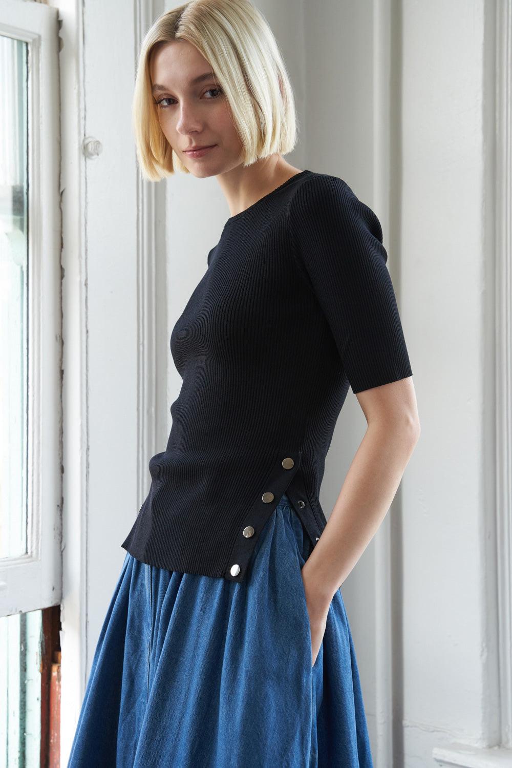 Ribbed Knit Sweater Top with Muscle Sleeves and Snap Hem - Image 3