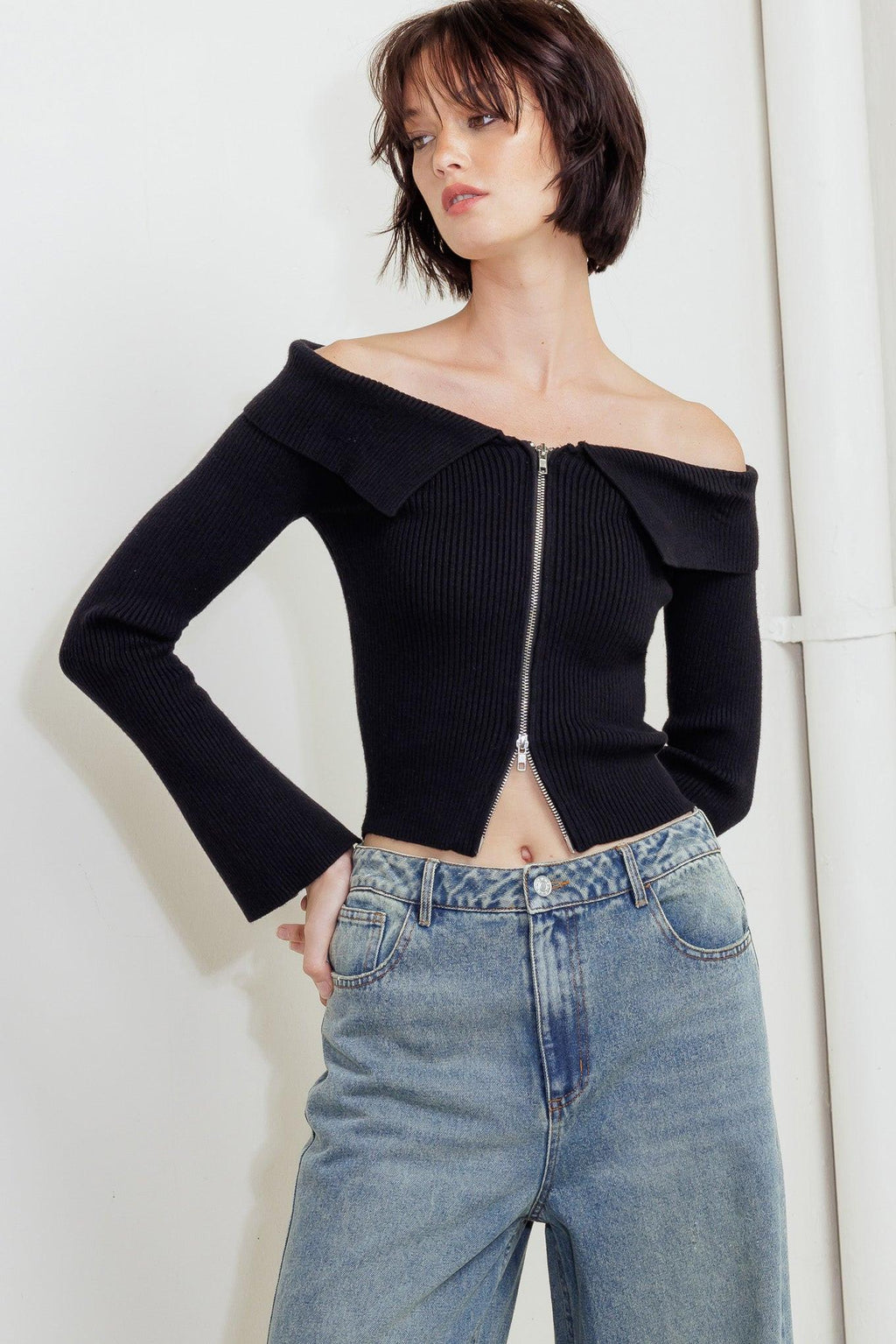 Black Ribbed Off Shoulder Sweater Top with Front Zipper