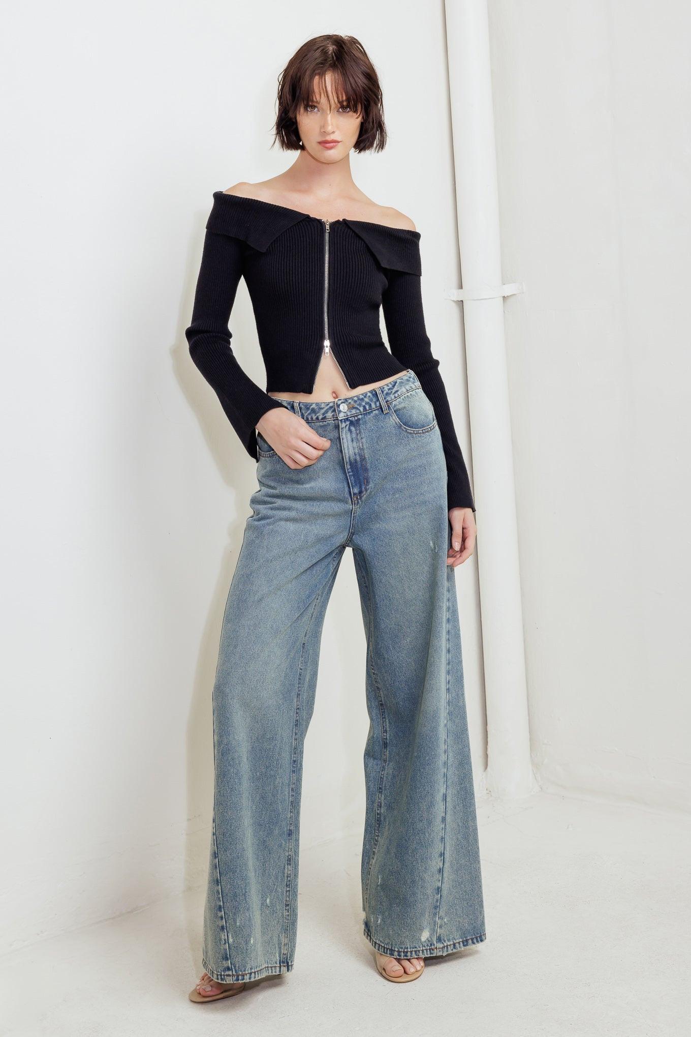 Black Ribbed Off Shoulder Sweater Top with Front Zipper