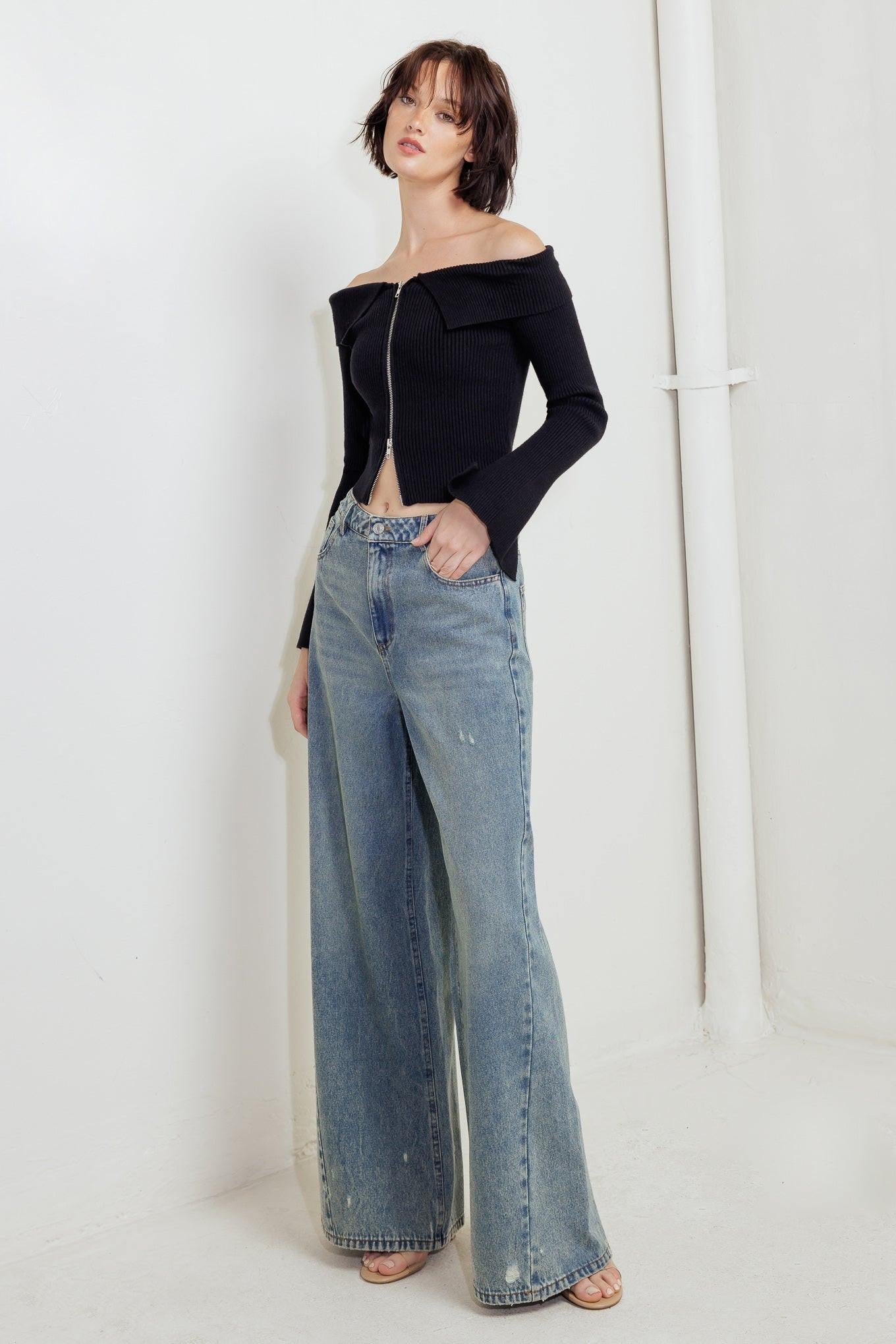 Black Ribbed Off Shoulder Sweater Top with Front Zipper