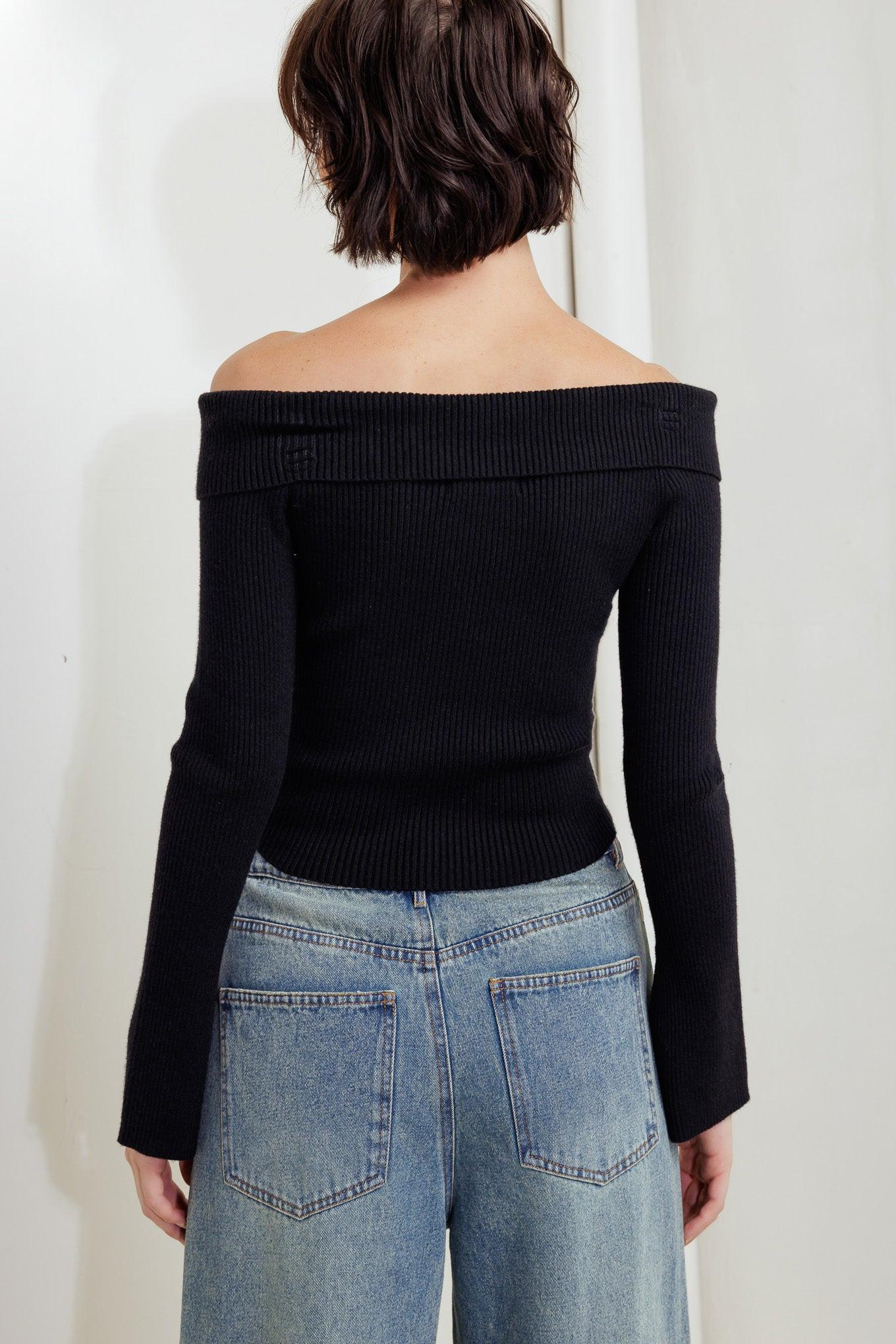 Black Ribbed Off Shoulder Sweater Top with Front Zipper