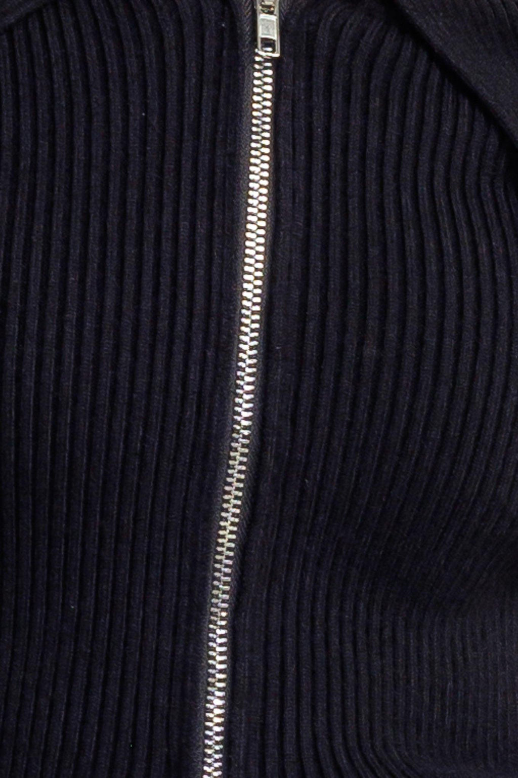 Black Ribbed Off Shoulder Sweater Top with Front Zipper