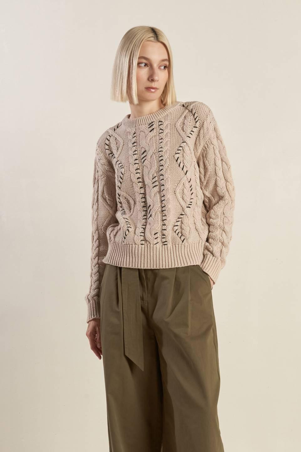 Beige Cable Knit Sweater with Contrast Stitch Detail - Image 4