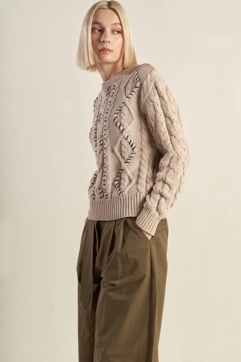 Beige Cable Knit Sweater with Contrast Stitch Detail - Image 5