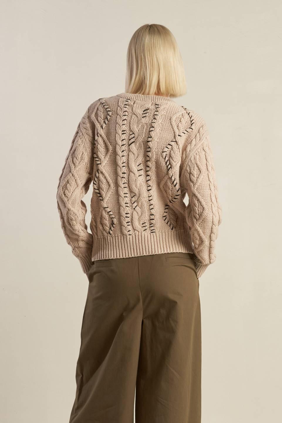 Beige Cable Knit Sweater with Contrast Stitch Detail - Image 2