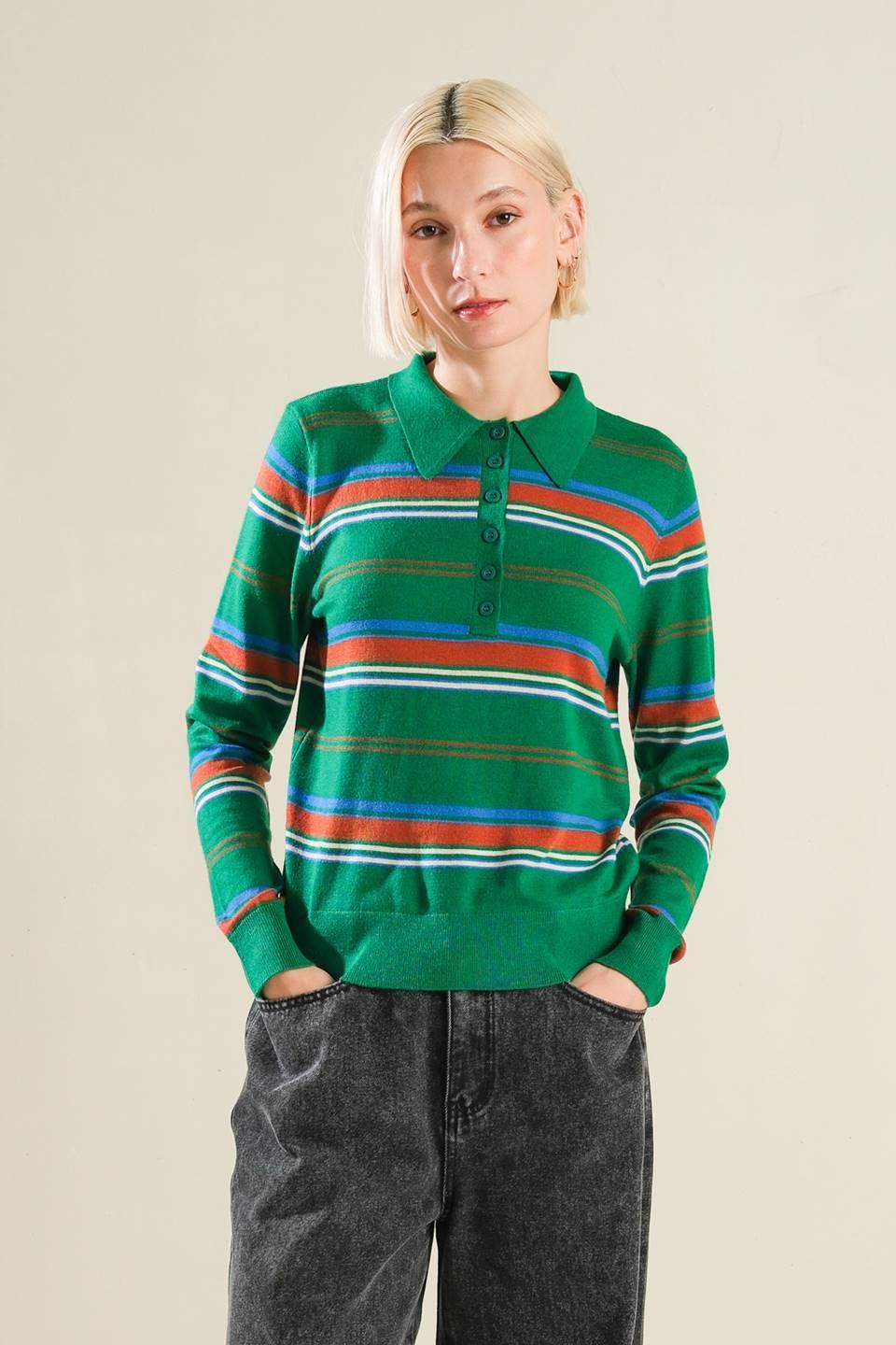 Striped Long Sleeve Sweater Polo Top in Neutral Knit - Image 2
