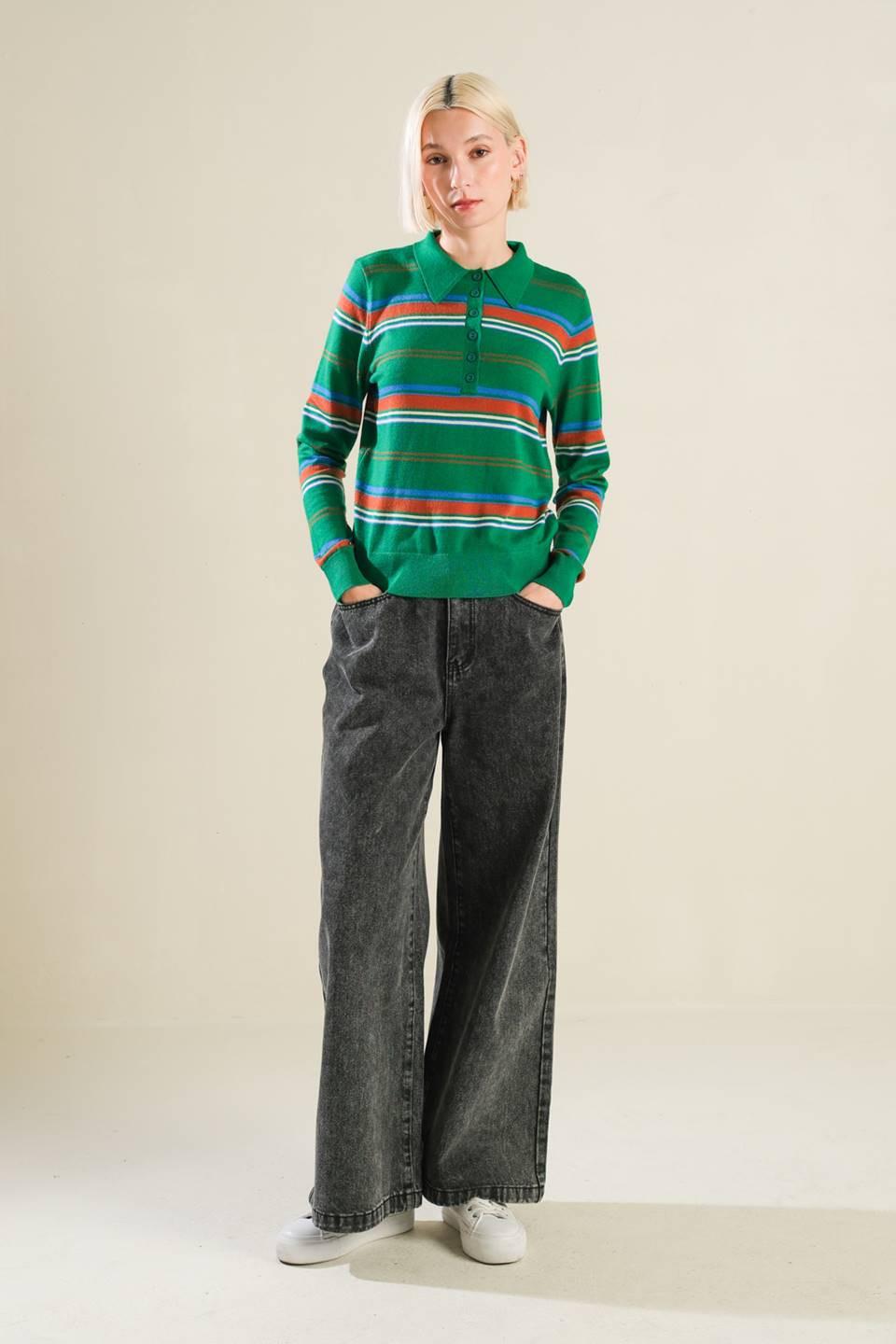 Striped Long Sleeve Sweater Polo Top in Neutral Knit - Image 5