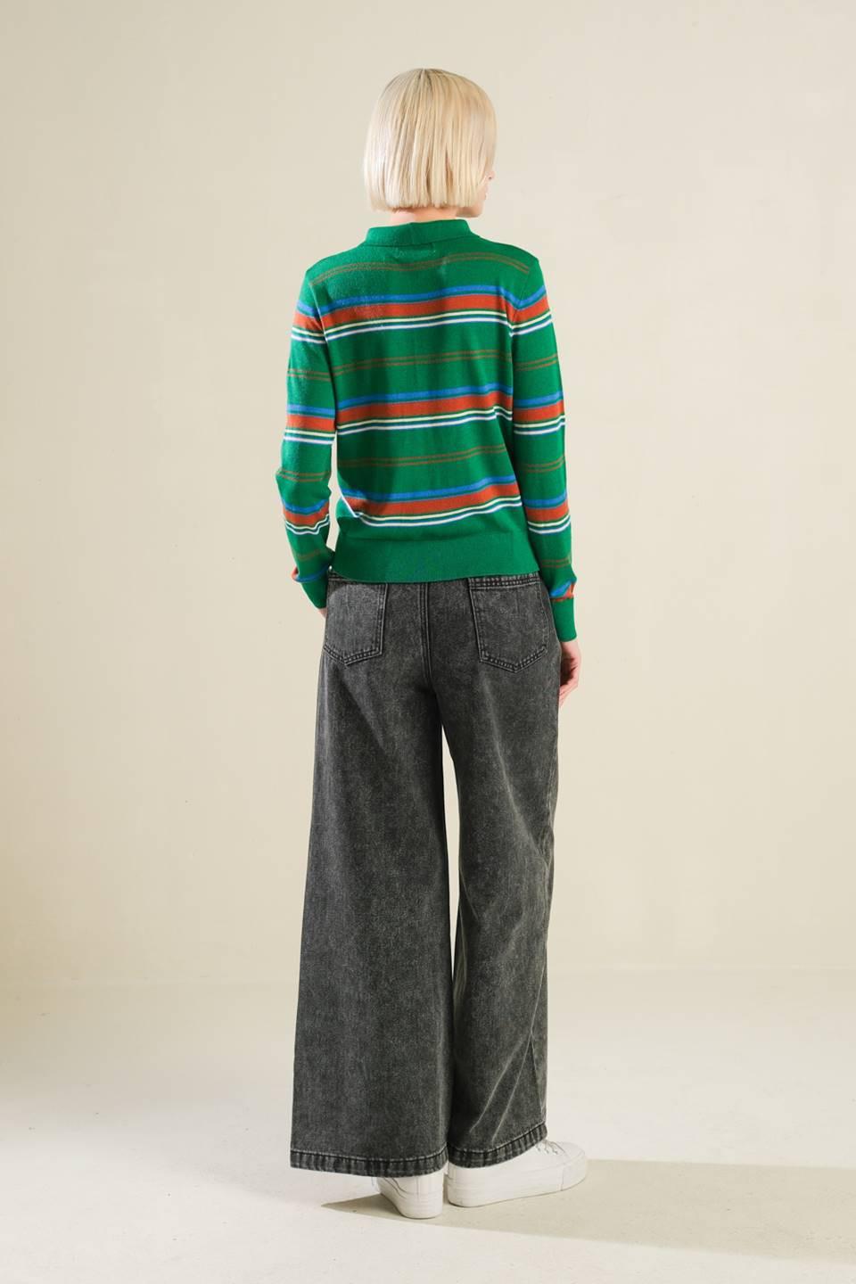 Striped Long Sleeve Sweater Polo Top in Neutral Knit - Image 6