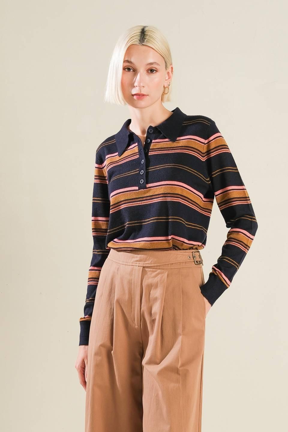 Model wearing a striped long sleeve sweater polo top by Flying Tomato