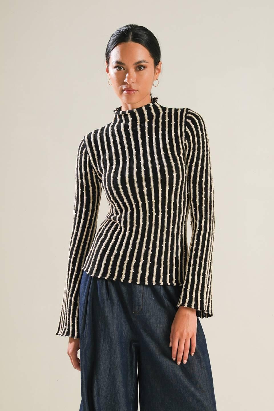 Striped Knit Mock Neck Long Sleeve Top - Image 2