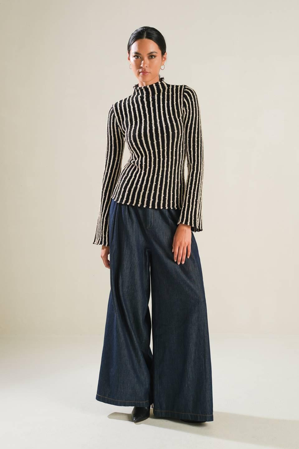 Striped Knit Mock Neck Long Sleeve Top - Image 11