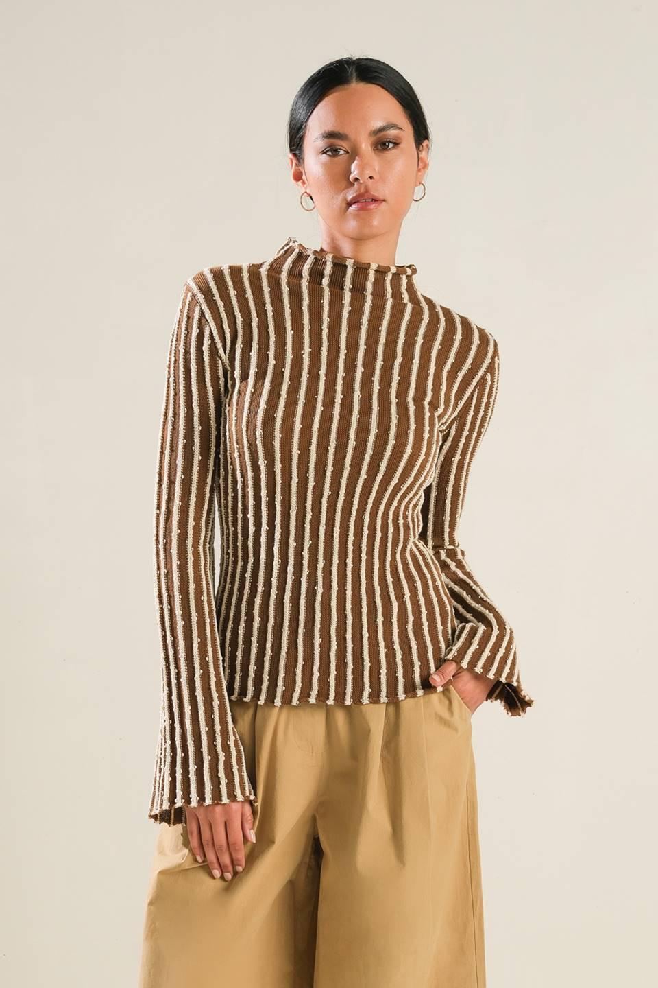 Striped Knit Mock Neck Long Sleeve Top - Image 3