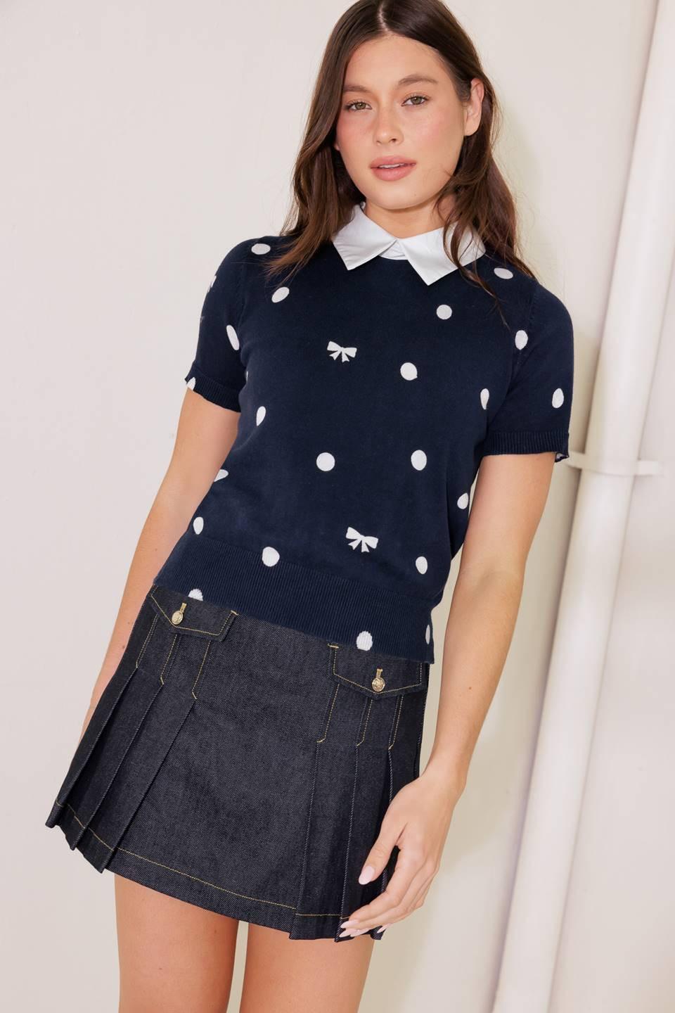 Navy Polka Dot Knit Short Sleeve Collared Sweater Top - Image 3