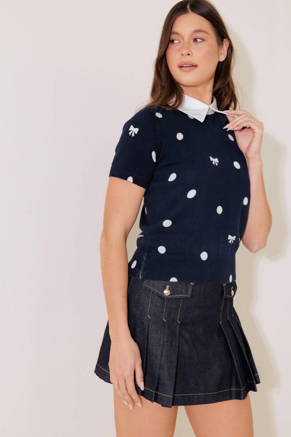 Navy Polka Dot Knit Short Sleeve Collared Sweater Top - Image 6