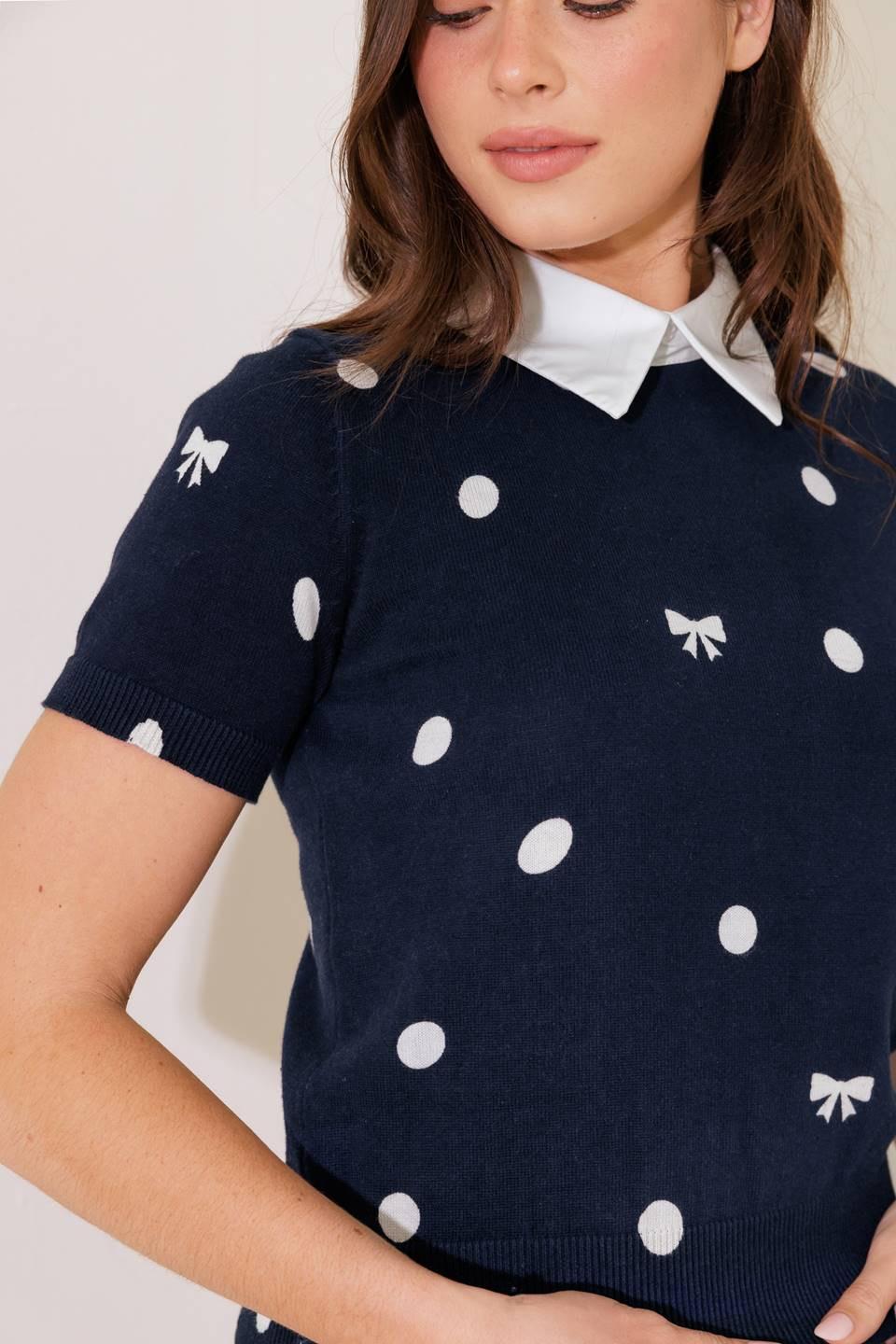 Navy Polka Dot Knit Short Sleeve Collared Sweater Top - Image 2
