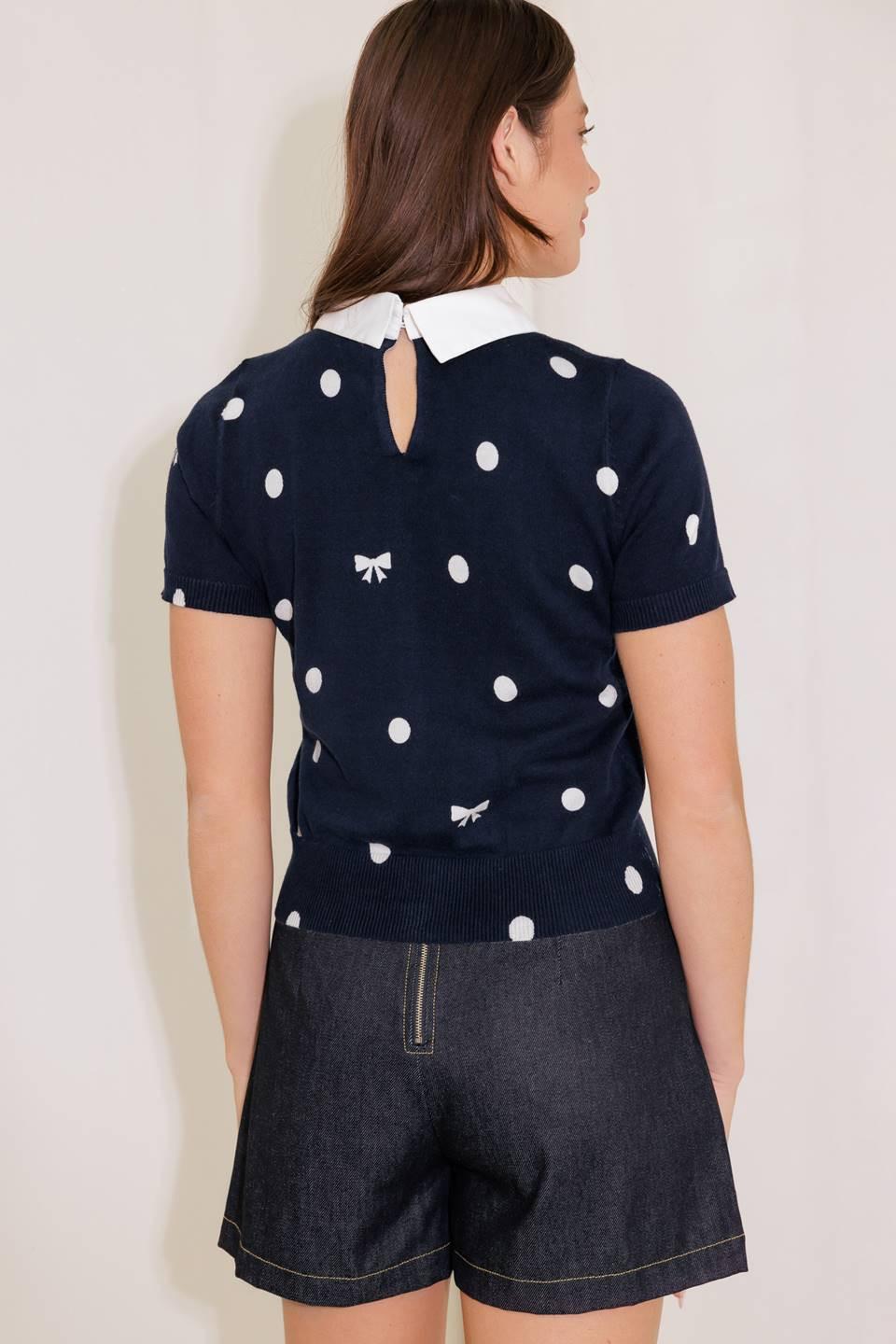 Navy Polka Dot Knit Short Sleeve Collared Sweater Top - Image 4