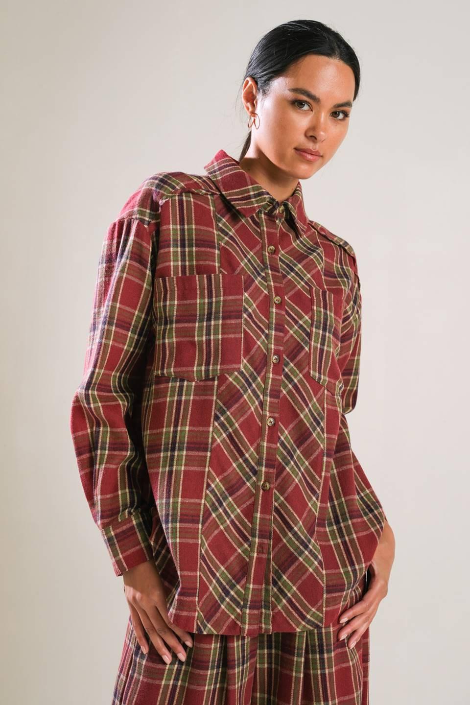 Timeless Charm Plaid Button-Down Woven Long Sleeve Top - Image 3