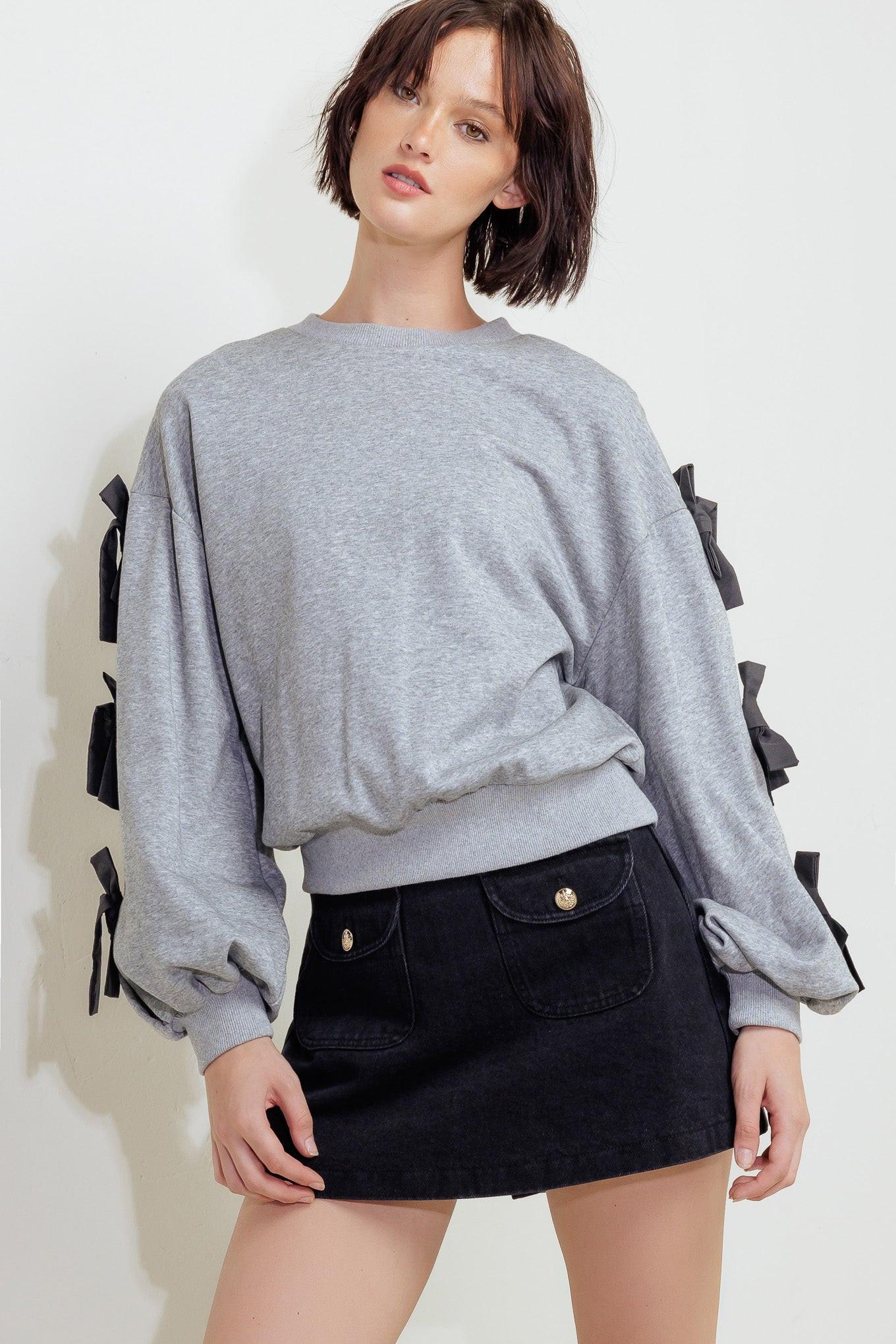 Crew Neck Sweater with Bow Tie Detail Sleeves